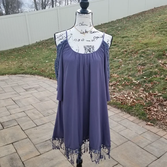 Strappy Midi Boho  Dress with Shoulders Down, Very Light Dark Blue Color, SIZE L - Picture 3 of 17